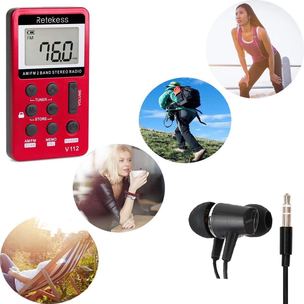 Retekess V112 Mini Radio FM de Poche,Radio Portable,FM AM,Prise Casque,d'Extérieur,Convient pour Course à Pied,de Sport,Randonnée,Le Camping(Rouge)