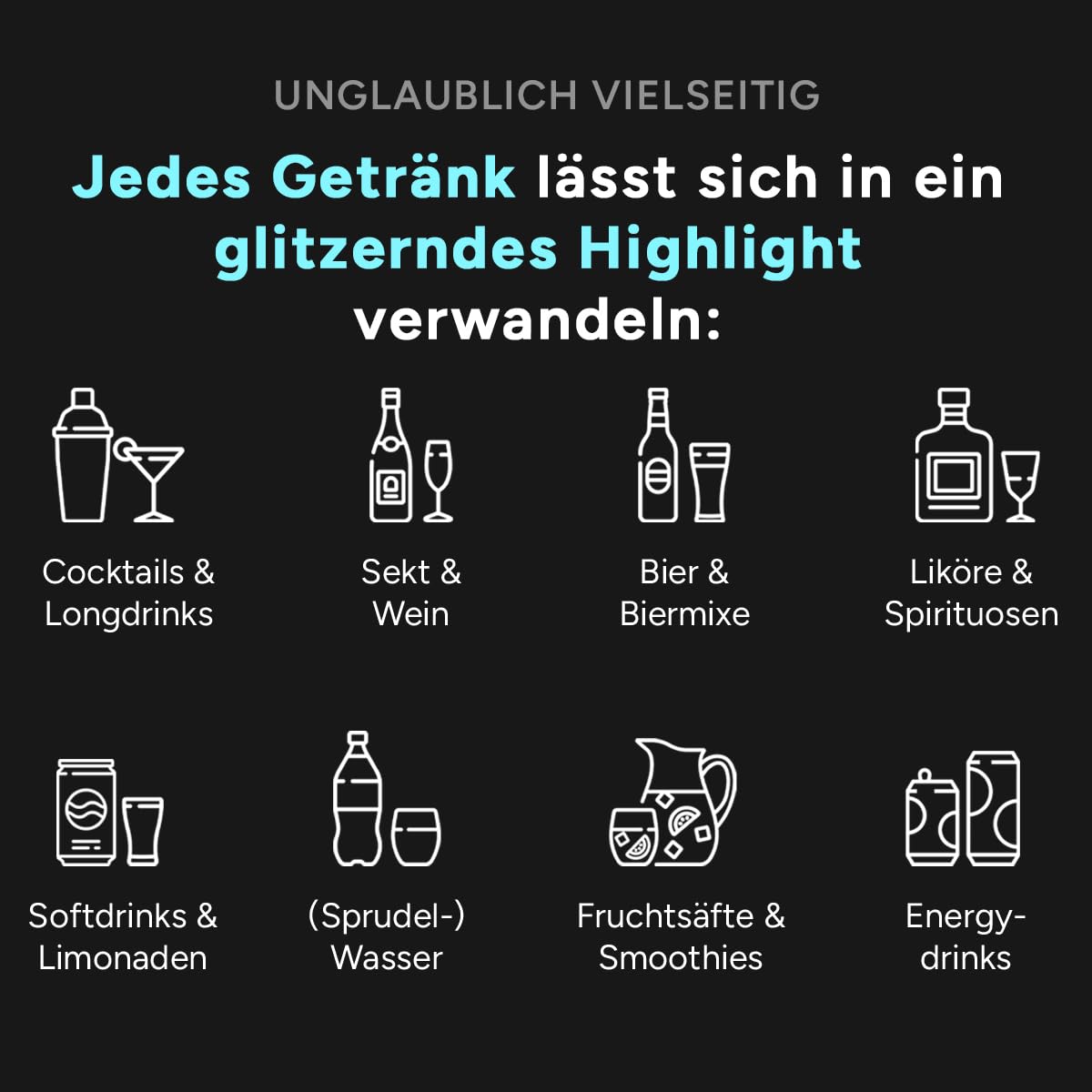 Glytter Glitzerpulver für Getränke (Türkis) - essbarer Glitzer für Drinks, Cocktails, 1000 Getränke MADE IN GERMANY