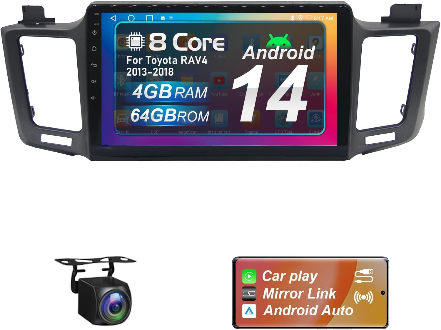 Upgraded 8 Core Android 14 Car Radio for Toyota RAV4 2013-2018 4+64G with Wireless Carplay&Android Auto 10.1" Ultra HD Touchscreen, AM/FM/RDS, Backup Camera, SWC