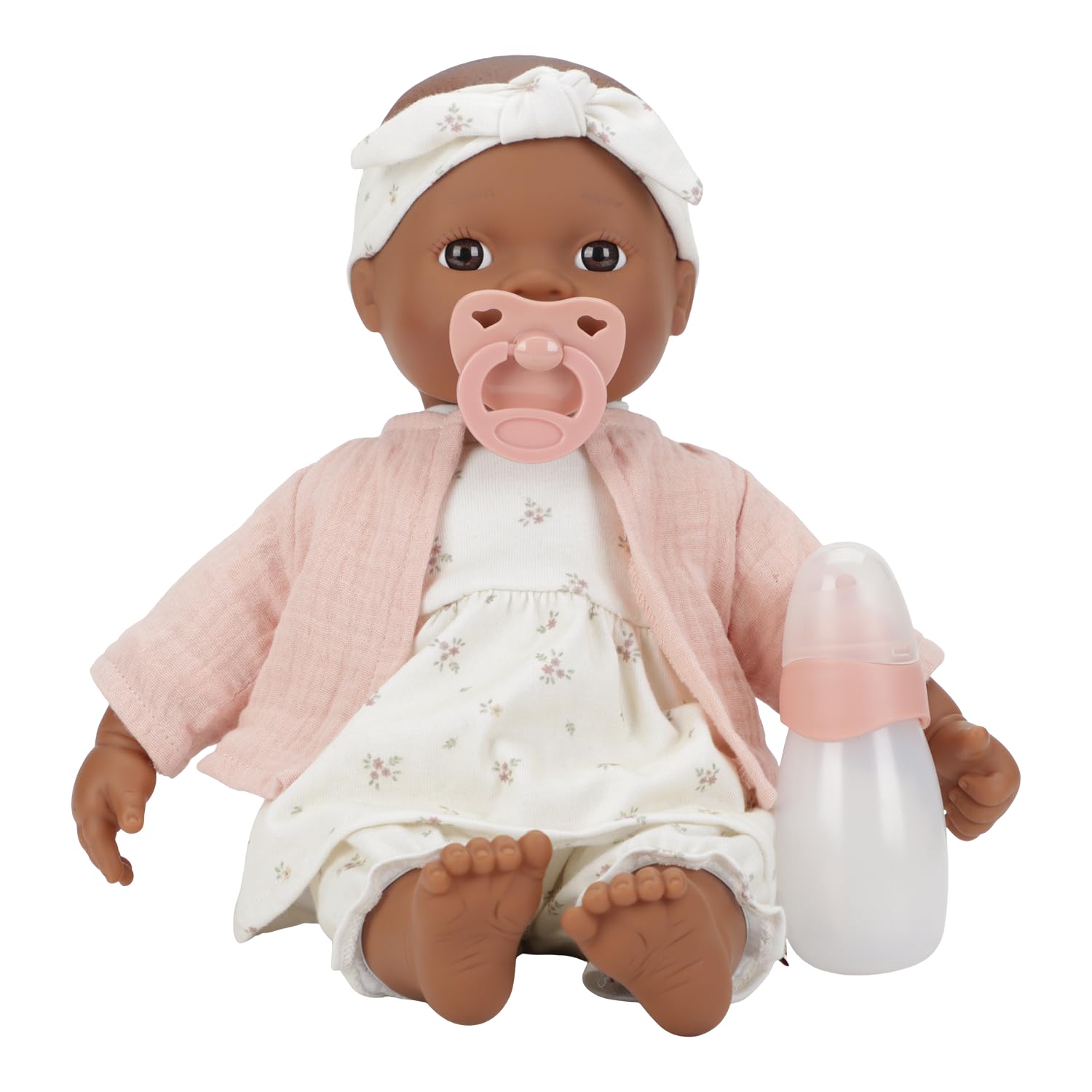 Little Dutch Babypuppe Puppe Noa 7-teiliges-Set (Puppenkleidung, Schnuller und Trinkflasche) braune Augen und Weichkörper - 36 cm - ab 18 Monaten