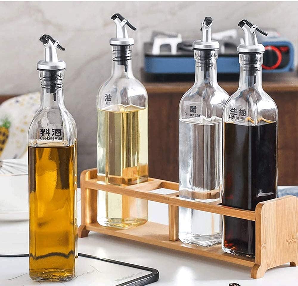 Juego de dispensador de aceite y vinagre de vidrio de alta calidad con soporte de madera, botellas de 500 ml a prueba de fugas para salsas, aderezos y adobos, perfecto para almacenamiento de salsa de
