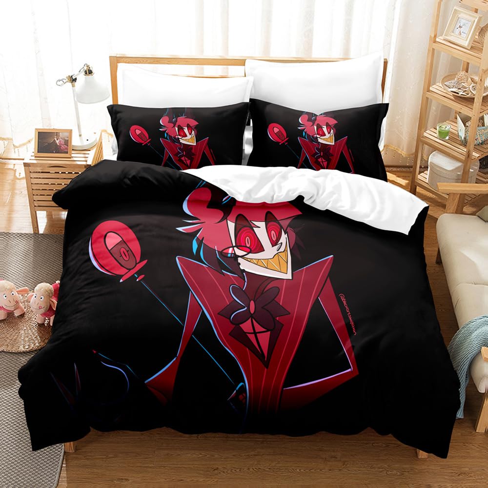 Hazbin Hotel, set di biancheria da letto con 3 pezzi, motivo: Alastor/Angel Dust/Charlie Morningstar, 2 federe e 1 copripiumino