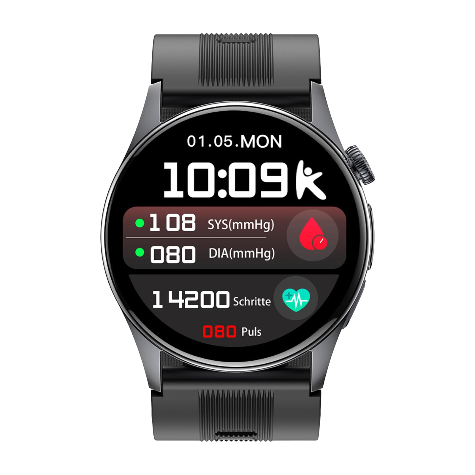 Knauermann Pro 4 Air (2026) Inteligentny zegarek i tracker fitness dla kobiet i mężczyzn, zawsze włączony AMOLED, IP66, Bluetooth 5.3, bateria do 25 dni, Android i iOS, czarny, okrągły