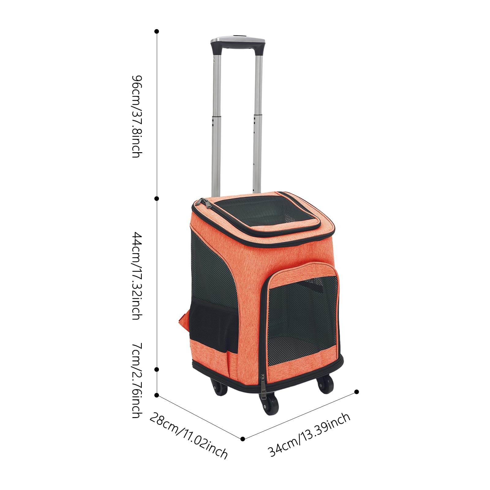 Transportín plegable para mascotas con ruedas universales y mango telescópico, transpirable, plegable, para perros de hasta 7,5 kg y gatos de hasta 9 kg (naranja)