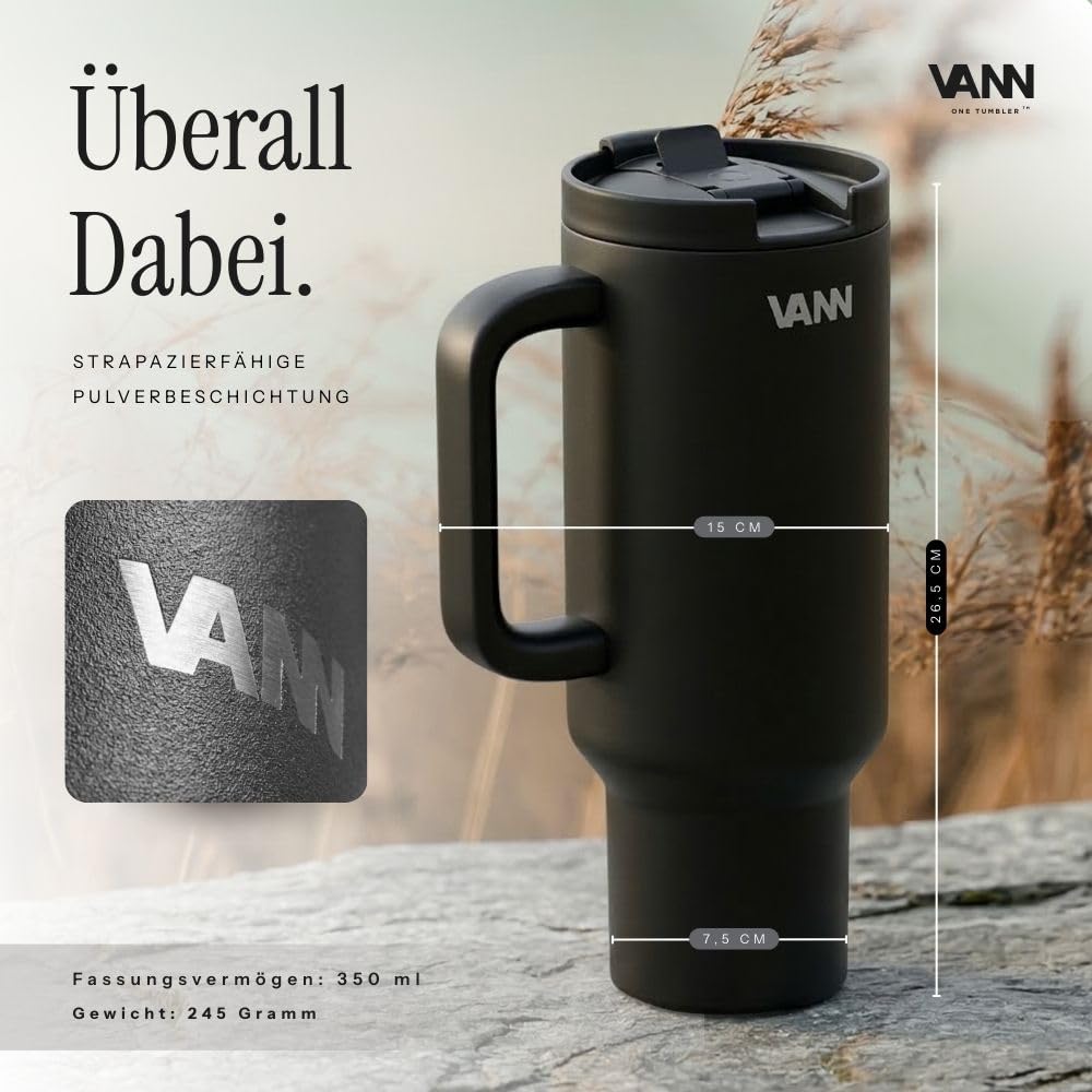 VANN Trinkflasche mit Strohhalm 1,2L - Tumbler zertifiziertem Edelstahl | 2-in-1-Deckel Trinkbecher Auslaufsicher & 3-fach Isolierung - Trinkbecher mit Deckel und Strohhalm [BPA-frei] - One Schwarz