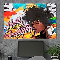 SIGNWIN Framed Canvas Wall Art African American Black Girl Hello Beautiful Graffiti & Street Art Famous People Pop Art Modern Urban Multicolor for Living Room, Bedroom, Office - 12x18 inches