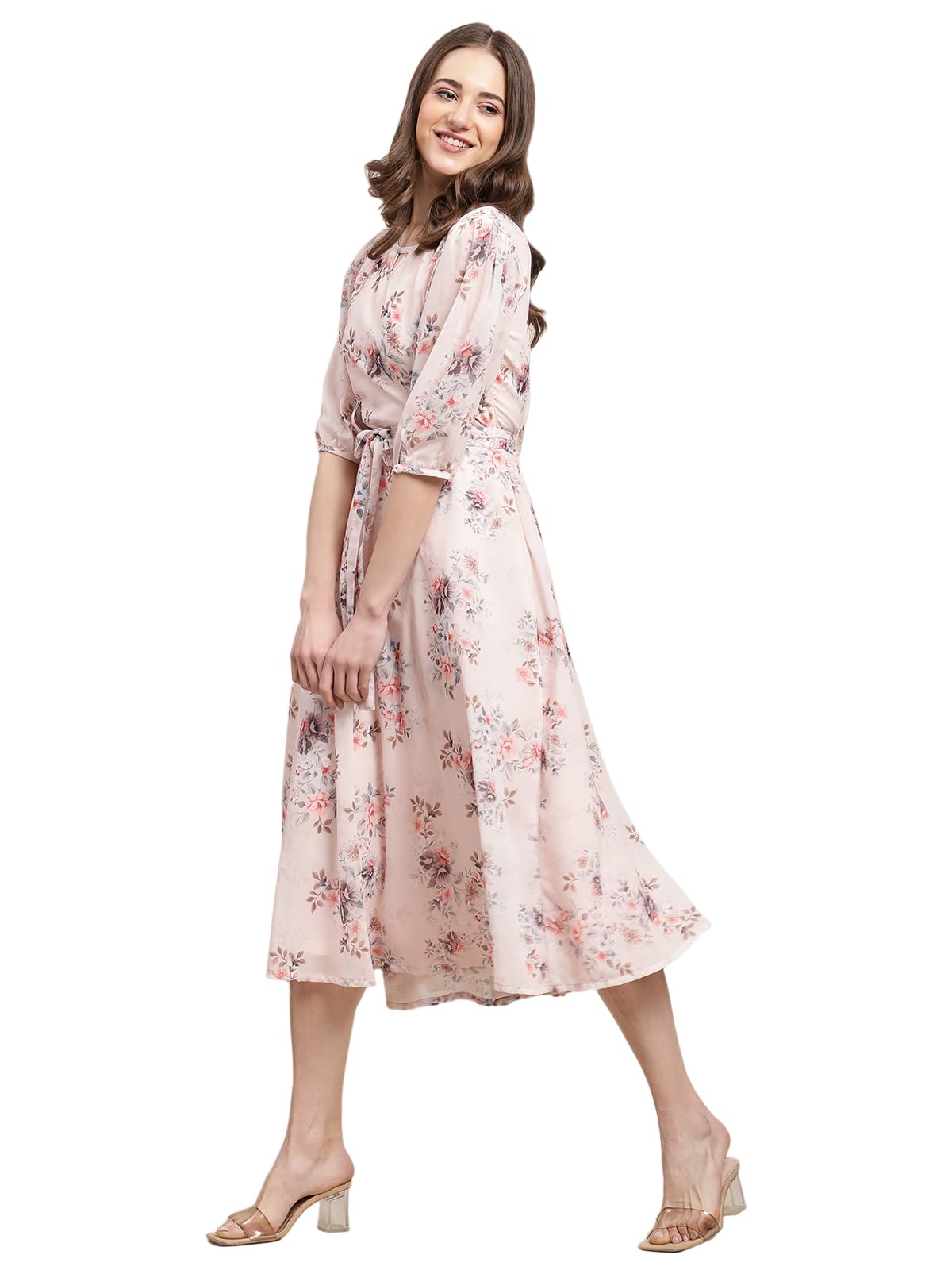 Preneum Women's Maxi Fit & Flare Latest Style Print Georgette Regular Sleeves Casual Maxi Dress || Summer Dress Festival & Occasion, Baby Pink, M