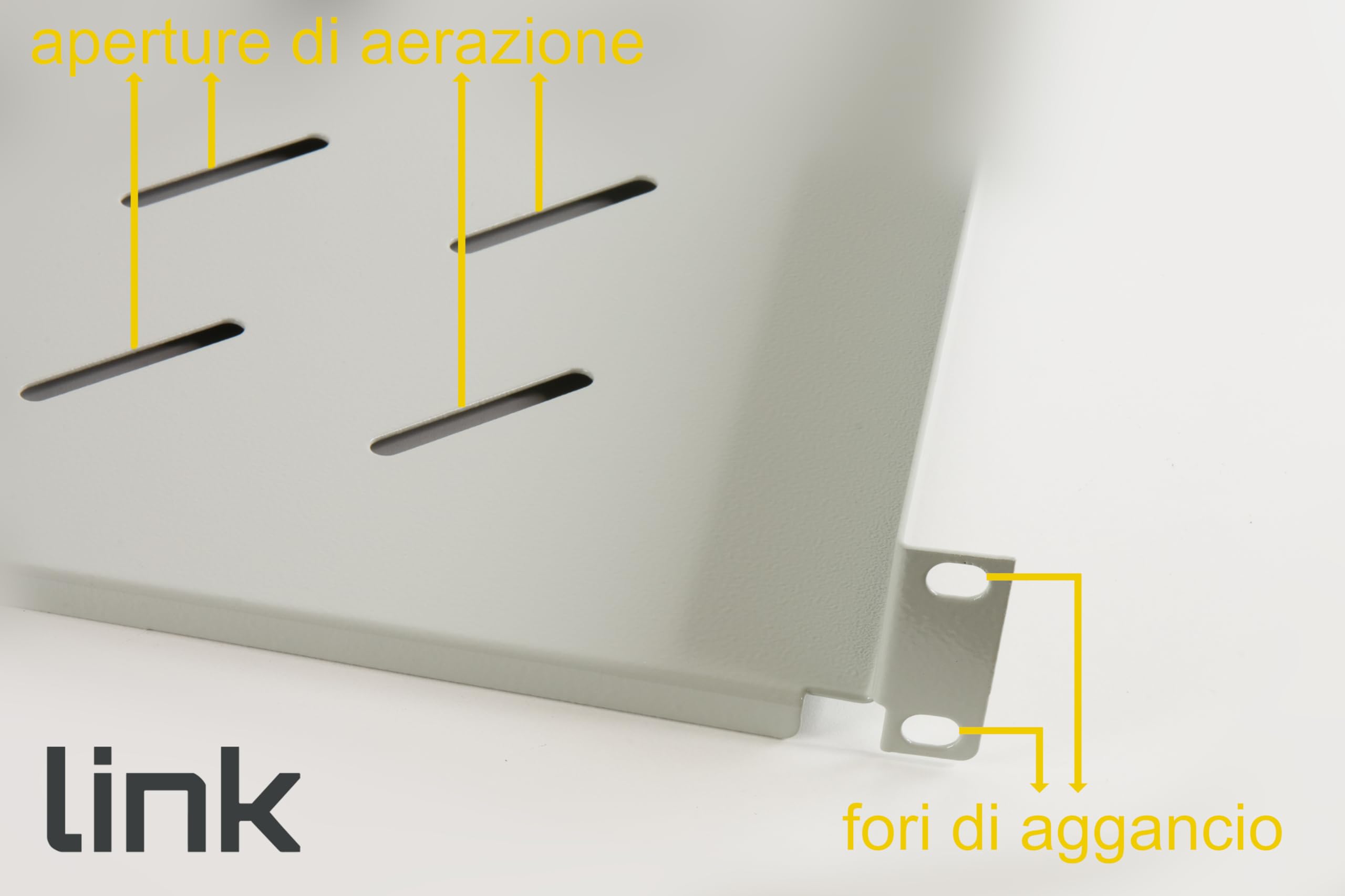 LINK LKRIP350G - Mensola per armadio rack LKRIP350G (48x35x4,5 cm, grigio chiaro RAL7035) – Acciaio verniciato a polvere con attacchi frontali universali – Portata 20 kg e viti incluse