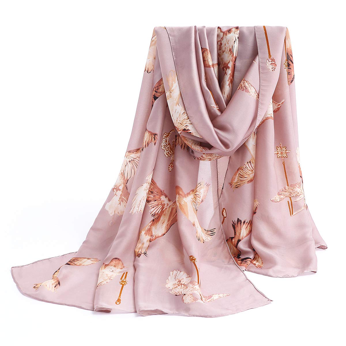 Long Chiffon Scarf Women's Lightweight Silk Like Head Neck Scarf Bird Pattern Soft Beach Shawl Wraps Pink