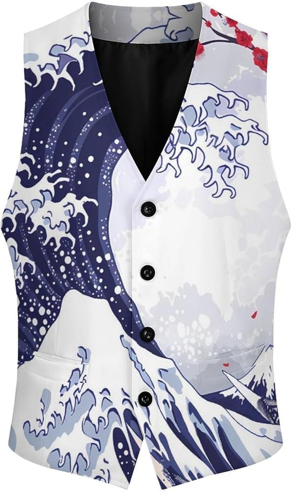 Men's Japanese Wave Print Suit Vest, V-Neck Button-Up Waistcoat, Great Wave and Cherry Blossom Theme-picture-19