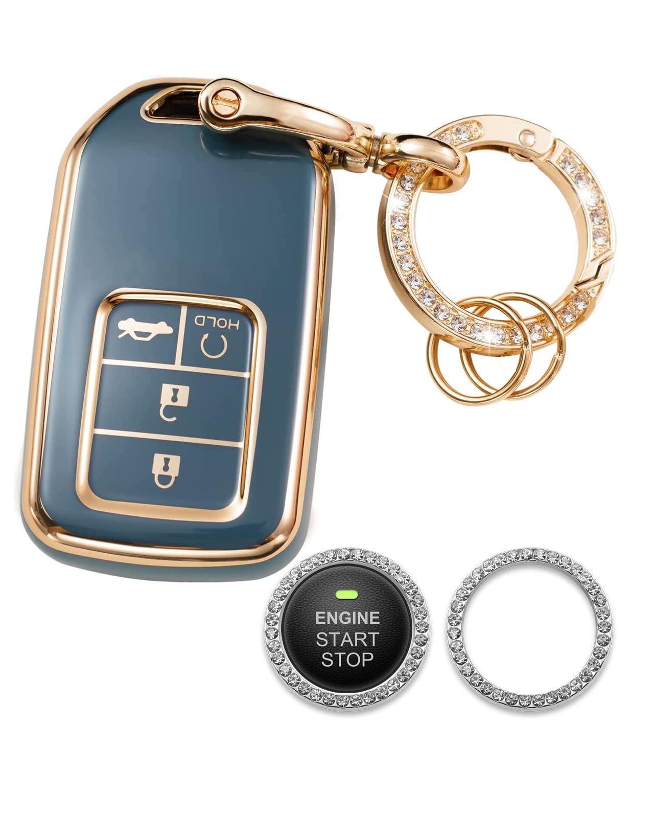 for Honda Key Fob Cover Compatible with Accord Civic CRV Jade Pilot Odyssey Vezel 4 Buttons, Soft TPU Keys Shells Protection Case with Bling Ring Car Sticker Blue