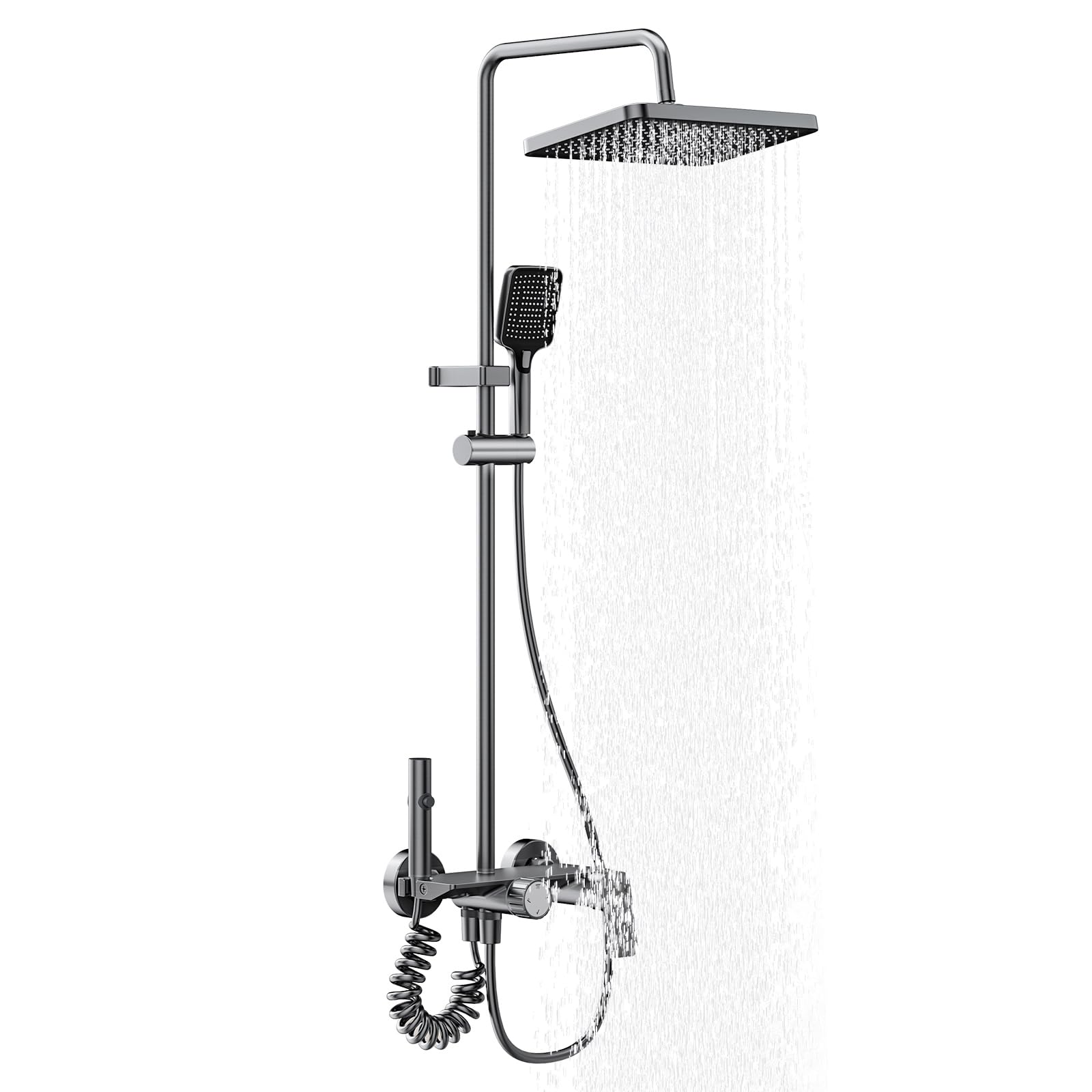 4-Function Shower Mixer Set with Rainfall Overhead, 3-Spray Handheld, Pull-Out Spray Gun & Tap, Height Adjustable Riser Bar, Grey Titanium Colour