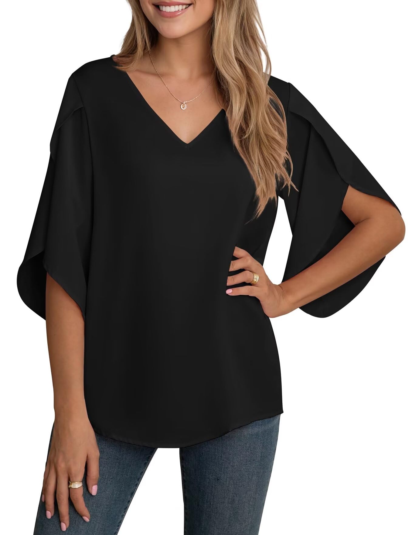 YGJIEGENG Bluse Damen Sommer Chiffon Tunika Oberteile Shirt | V-Ausschnitt Elegant Loose 3/4 Ärmel Spitze Tops Shirt Casual Loose Fit Tunikamit Glockenärmeln S-SXL