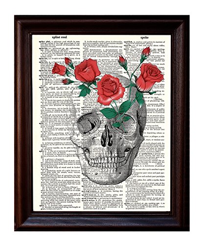 Dictionary Art Print - Red Roses In A Skull - Printed On Recycled Vintage Dictionary Paper - 8.5"X11" - Mixed Media Poster On Vintage Dictionary Page #TOP17