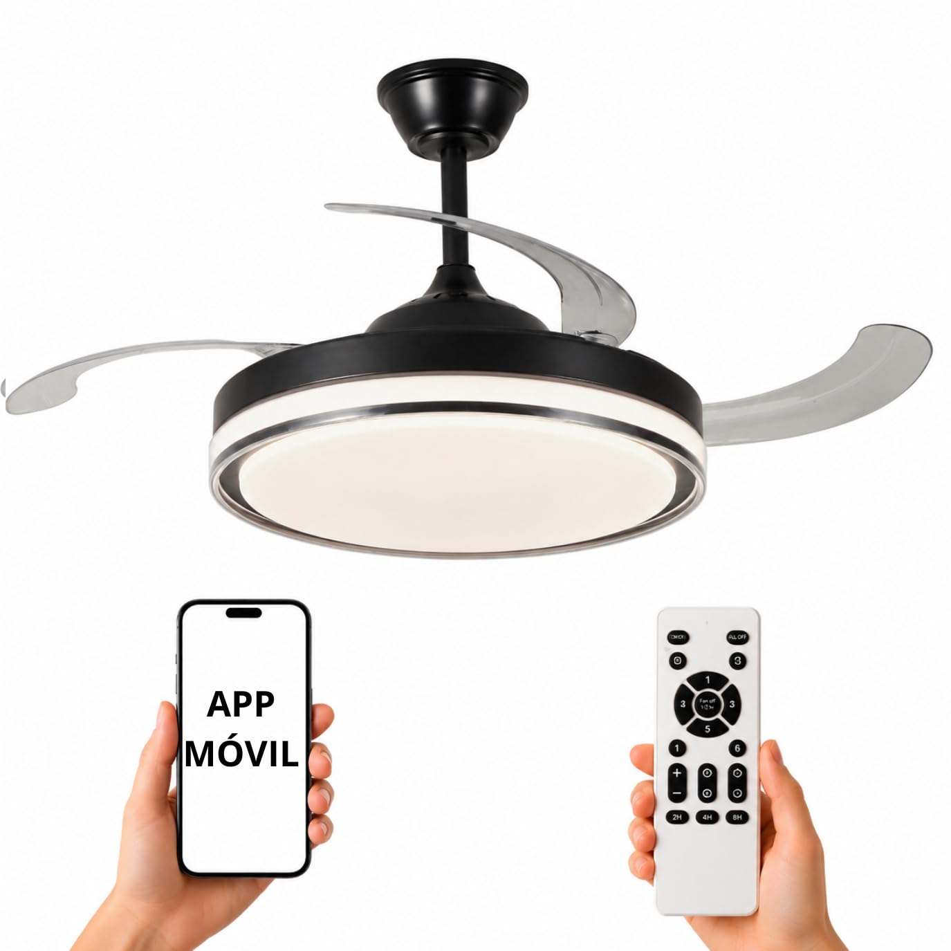 NARVI Ventilador de Techo Negro con Luz LED Regulable, Motor DC 30W Silencioso de Bajo Consumo, Lámpara Ventilador con Mando a Distancia, 3 Aspas Retráctiles, Función Invierno Verano, LOVANIA 1576 BK