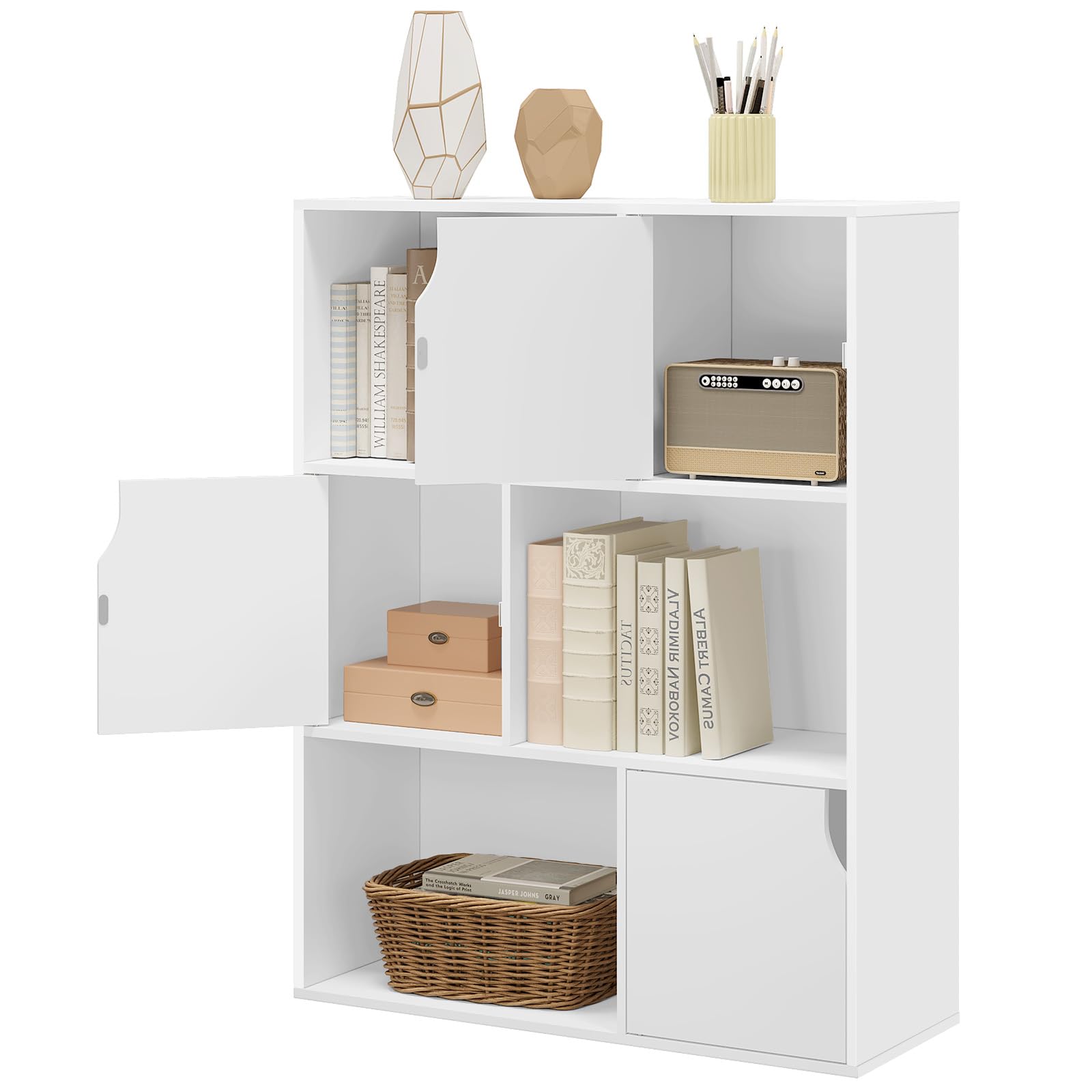 eSituro Libreria Autoportante a 6 Scomparti, Porta Libri con Ante, Scaffale a 3 Ripiani Portaoggetti, Divisorio per Ambienti, Ufficio, Studio, Soggiorno, in Legno, 80x30x96cm, Bianco, SBKC0050