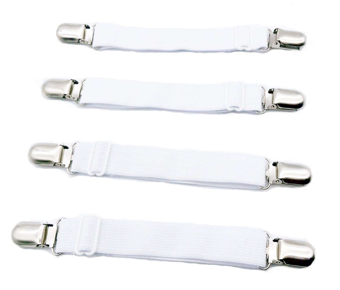 4pcs. Adjustable Elastic Bed Sheet Fasteners Holder Grippers with metal clips For Your Sheets (white)