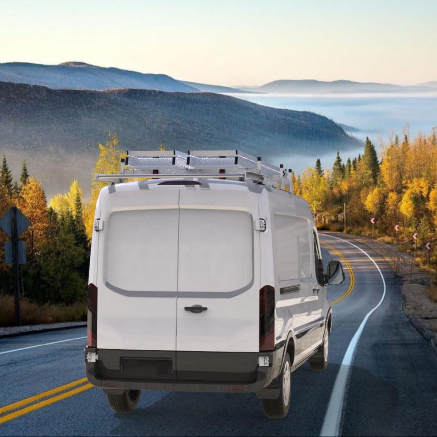 Cargo Van Roof Ladder Rack Fit for 2015-2023 Ford Transit 150 250 350 with Rear Cargo Roller 750LB Steel White