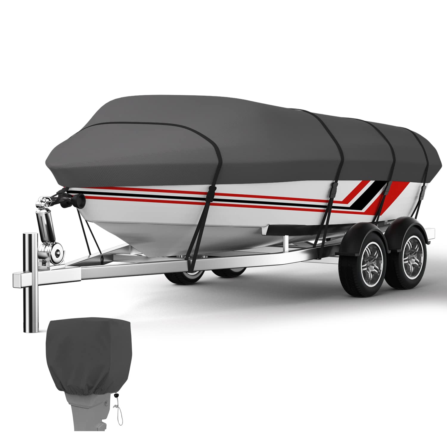 VINPATIO Boat Cover 600D Solution-Dyed Polyester Heavy Duty Trailerable Boat Cover, 100% Waterproof Boat Covers, Fits V-Hull, Runabout, Fishing Boat, Bass Boat