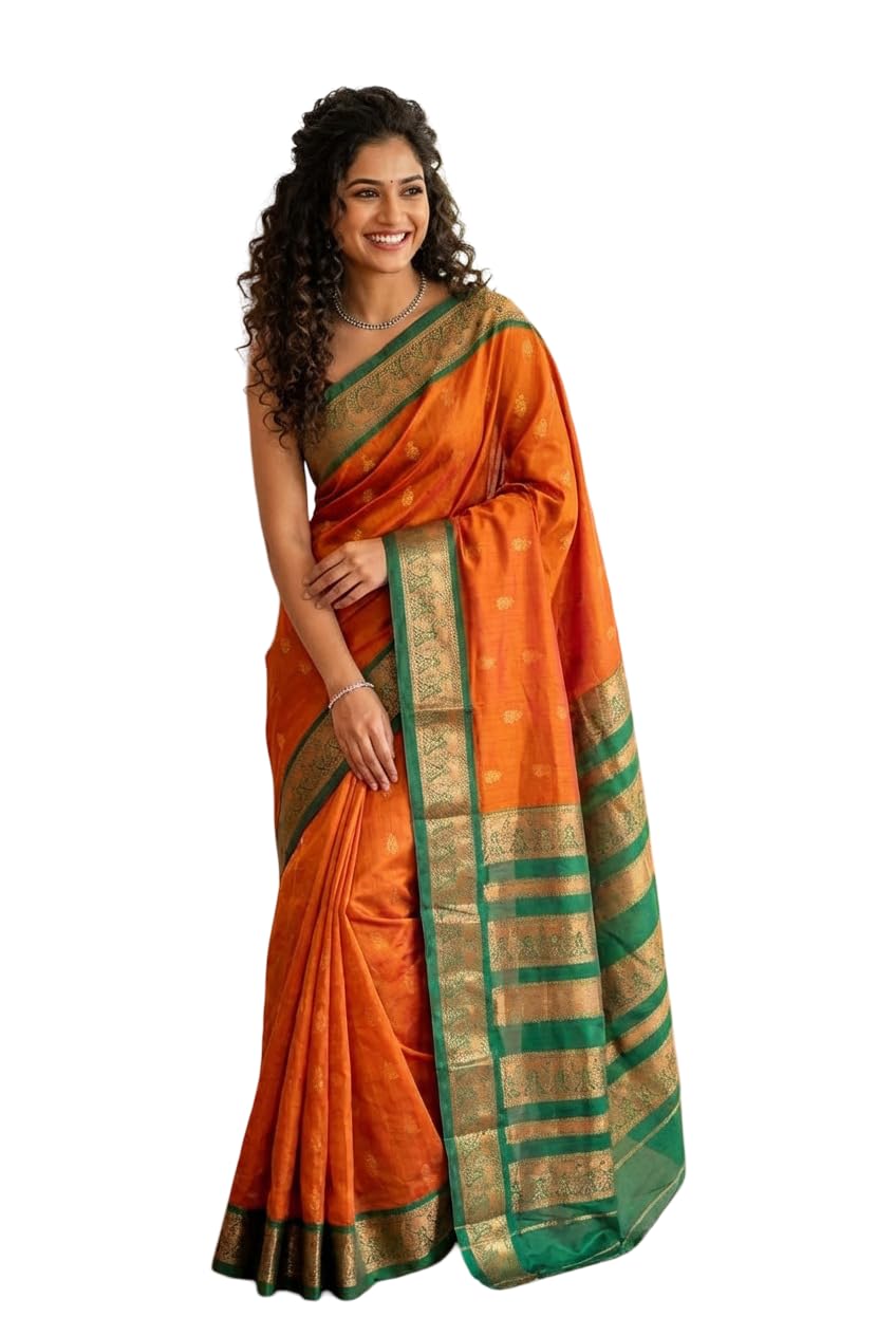 shri hari Sarees Women's Gadwal Silk Cotton Handloom Saree - Mustard Orange & Dark Green Woven Design Ethnic Wear with Blouse Piece-picture-46