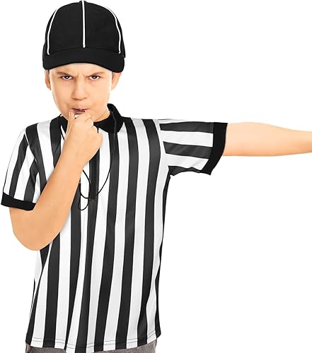 Miniatura 4 de Juego de 3 piezas de camisa oficial de árbitro para niños camiseta oficial de árbitro de rayas blancas y negras cuello con cremallera sombrero