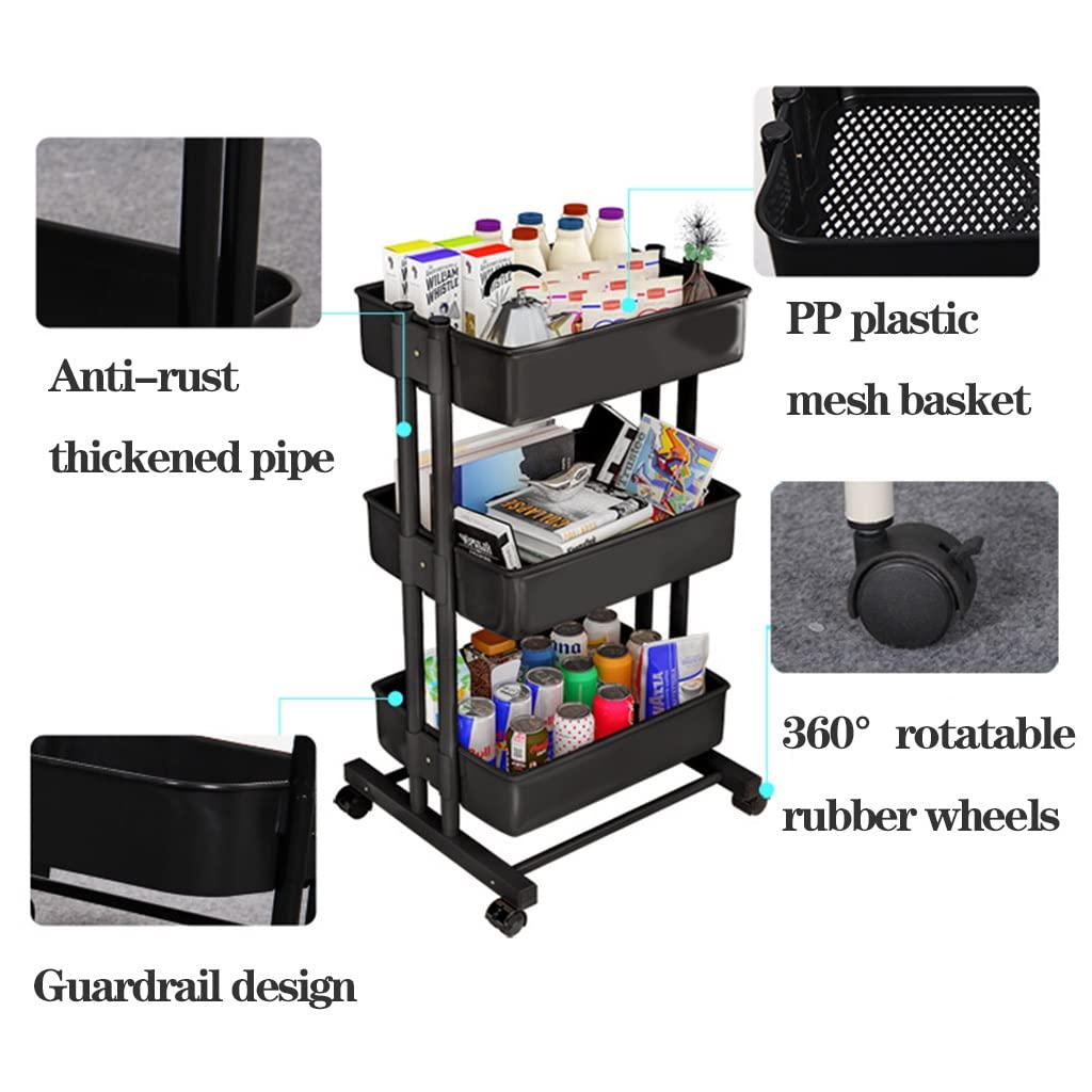 Carro utilitario con Ruedas de Metal de 3 Niveles, Carro de Servicio multifunción con Cesta de Malla y Ruedas, fácil Montaje para baño, Cocina, Oficina, Estante para carritos utilitarios (co