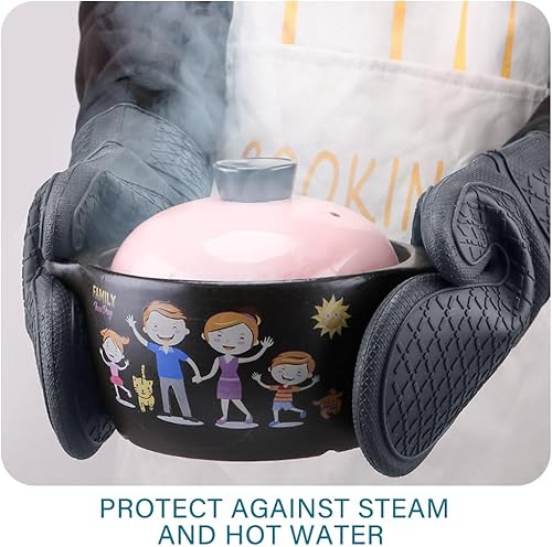 Miniatura 4 de meioro Guantes de horno de silicona, resistentes al calor y antideslizantes, juego de guantes de horno de cocina flexibles con forro acolchado