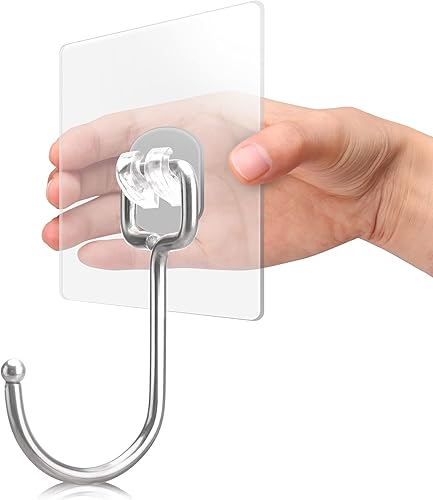 Paquete de 50 ganchos adhesivos transparentes, ganchos autoadhesivos resistentes de 37 libras (máx.), gancho de pared adhesivo sin daños y montaje
