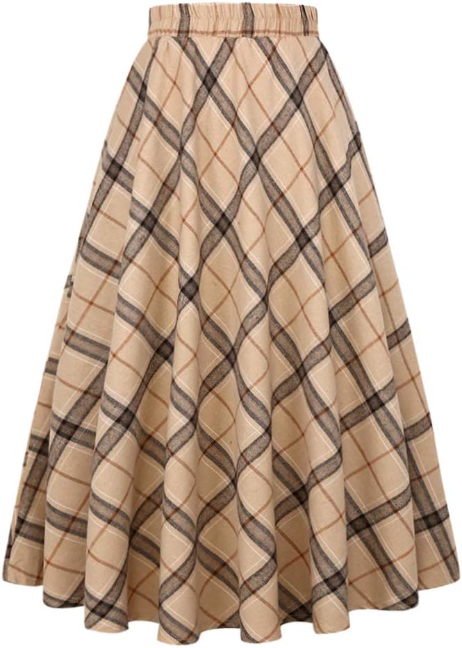 IDEALSANXUN Women’s Plaid Skirt Elastic Waist A-line Midi Pleated Skirts