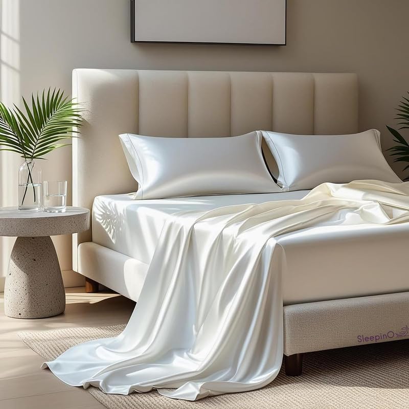 Image of Premium Satin Double Bed (90x100 Inchs) with 2 Pillow Cover Bedsheet Ultra Soft & Silky Smooth, Breathable Cooling Fabric, Luxury Glossy Finish|White