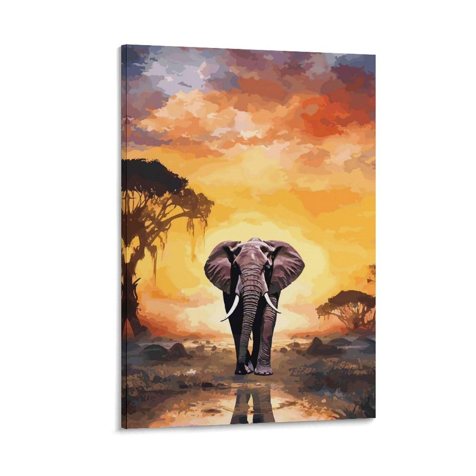 DHBANEIOK Elephant Sunset Landscape Poster Artwork Canvas Prints Picture Modern Canvas Wall Art Picture Wall Hanging for Living Room Home Decorations 24x36inch(60x90cm)