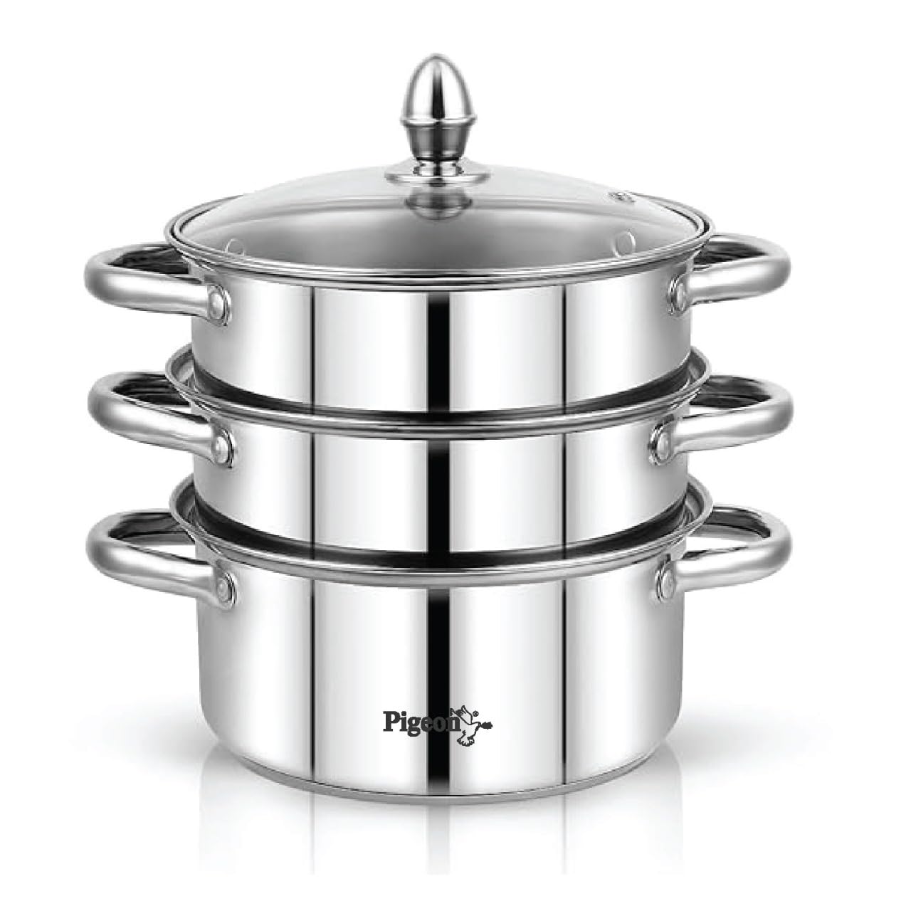 Pigeon Elantra Stainless Steel 3 Tier Steamer Pot Set with Glass Lid | Pasta Steamer Momo/Modak Maker | Vegetable Steamer | Rice Steamer (22cm) | Capsulated Induction Bottom|ISI Certified-image-3