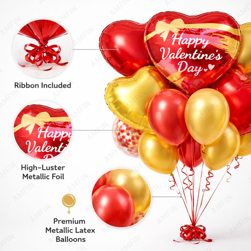 Image of AMFIN (Pack of 14) Happy Valentine's Day Balloon Decoration Set | Romantic Heart Foil Bouquet Metallic Helium Bunch Proposal Anniversary Celebration Party Decor - Red Gold