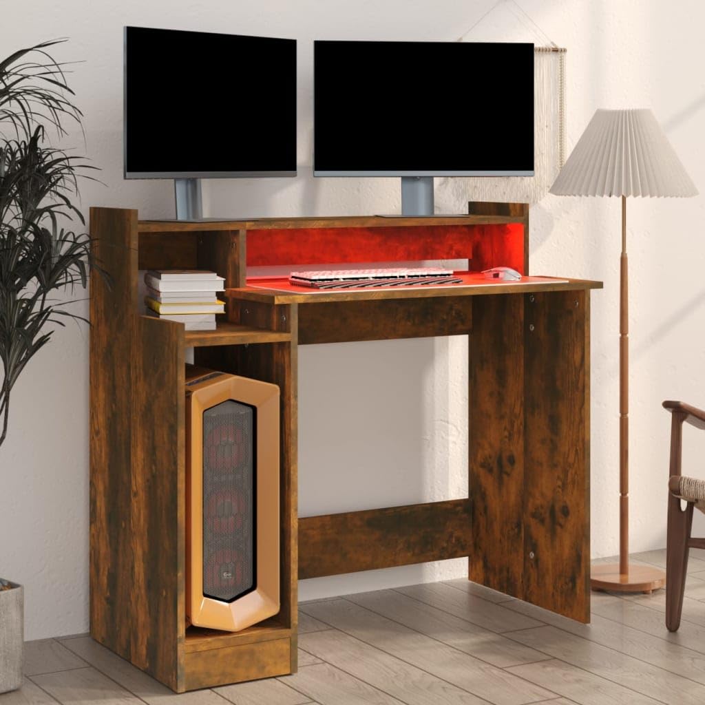 Scrivania Computer Scrivania Gaming Tavolo Consolle Scrivania Pc Scrivania con Luci LED Rovere Fumo 97x45x90 cm in Multistrato per Camera Da Letto Soggiorno Sala Studio Studio
