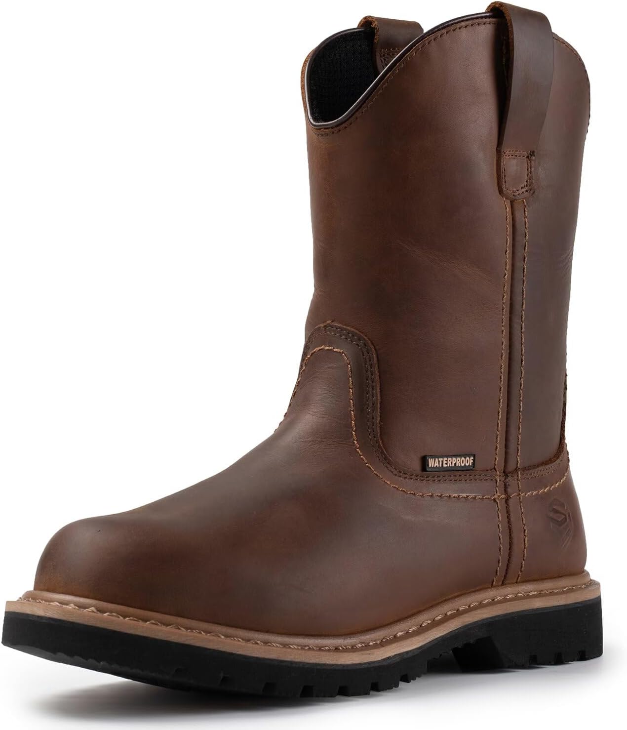 SUREWAY 10in Mens Soft/Steel Toe Waterproof Wellington Work Boot,Heavy Duty Pull On Leather Work Boots,GoodyearWelted,Full Grain Leather,Industrial Safety boot Classic Cowboy Boot,EH Rated