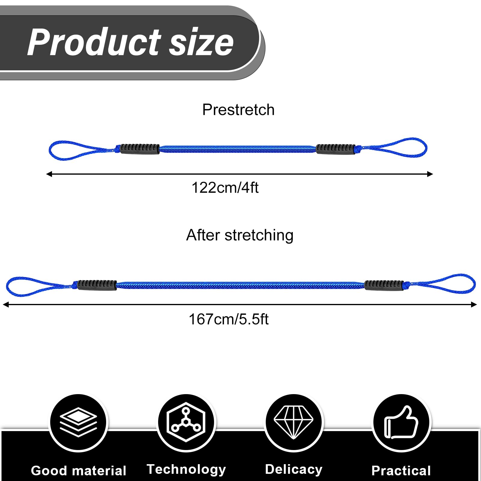 PORFOYO 2 pièces de corde de fixation, corde Bungee de 120 cm, corde de fixation pour bateaux et jetées, accessoires de bateau pour kayak, jet ski, ponton, canoë (Bleu)