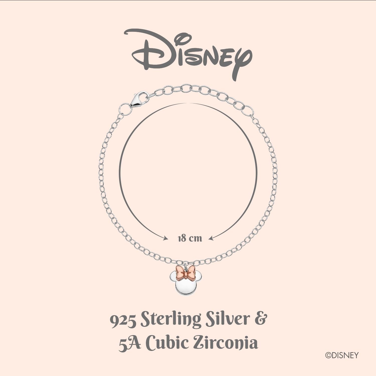 Disney Bracciale Bambine con Minnie Mouse in Argento 925 e Zirconi, Lunghezza 13-18cm, Gioielli