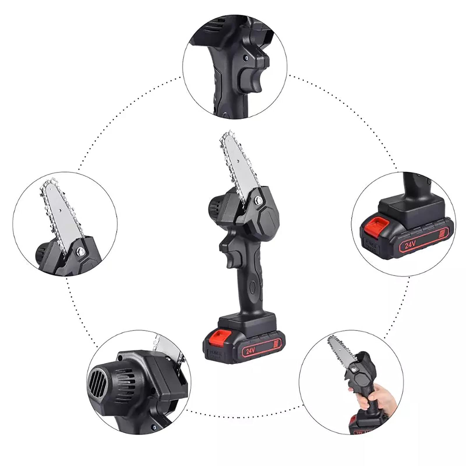 Mini tronçonneuse de 4 Pouces,sans Fil électrique Rechargeable Tronçonneuse Une Main 0,7 kg léger, Batterie Scie Délagage 24 V, Coupe du Bois, pour Arbre Cour Jardin et verdissement Urbain
