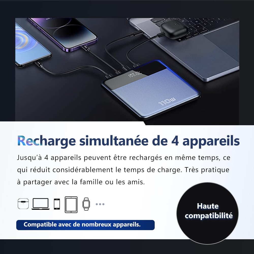Batterie Externe 30000mAh 111Wh|USB-A&USB-C entrée/Sortie|Charge Rapide PD 110W|4 appareils simultanés|Écran LCD|Compatible iOS,Smartphone,Tablette,Console,Montre|Voyage Urgence,Noir