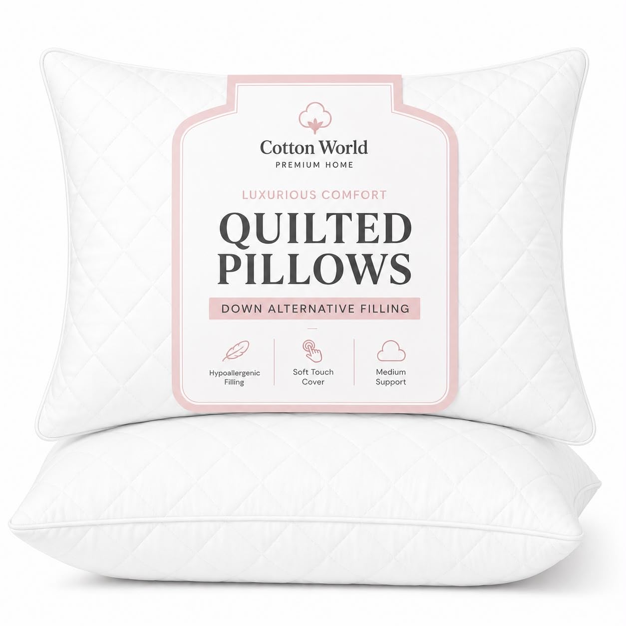Pillows for Sleeping (2 Pack) Luxury Quilted Pillow Soft Hollowfibre Filling Hotel Quality Diamond Stiched White Bounce Back Standard Bed Pillows for Back, Stomach & Side Sleepers - 50cm x 75cm