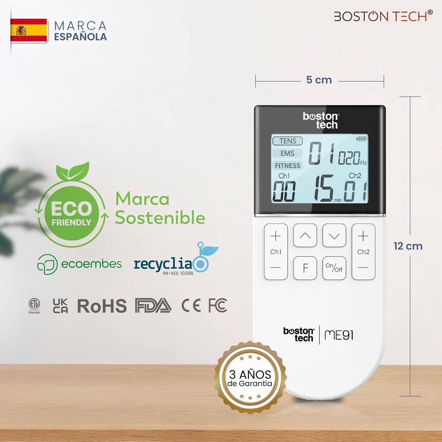 Boston Tech® Electro estimulador Muscular | 3 en 1: TENS + EMS + Fitness | Alivio eficaz del Dolor + Entrenamiento | 2 Canales + 50 Modos + 16 Niveles de Intensidad + Incluye Estuche + 4 Electrodos