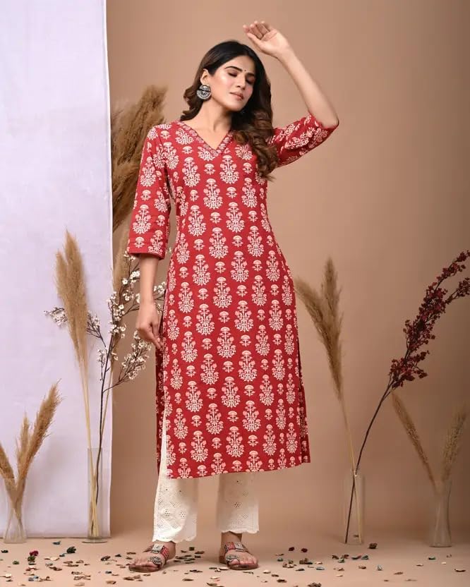 Image of FIRSTRAIN Women Cotton Straight Printed Kurti | Soft Breathable Kurta for Office & Casual Use | | Trendy Festive & Regular Wear Cotton Kurti