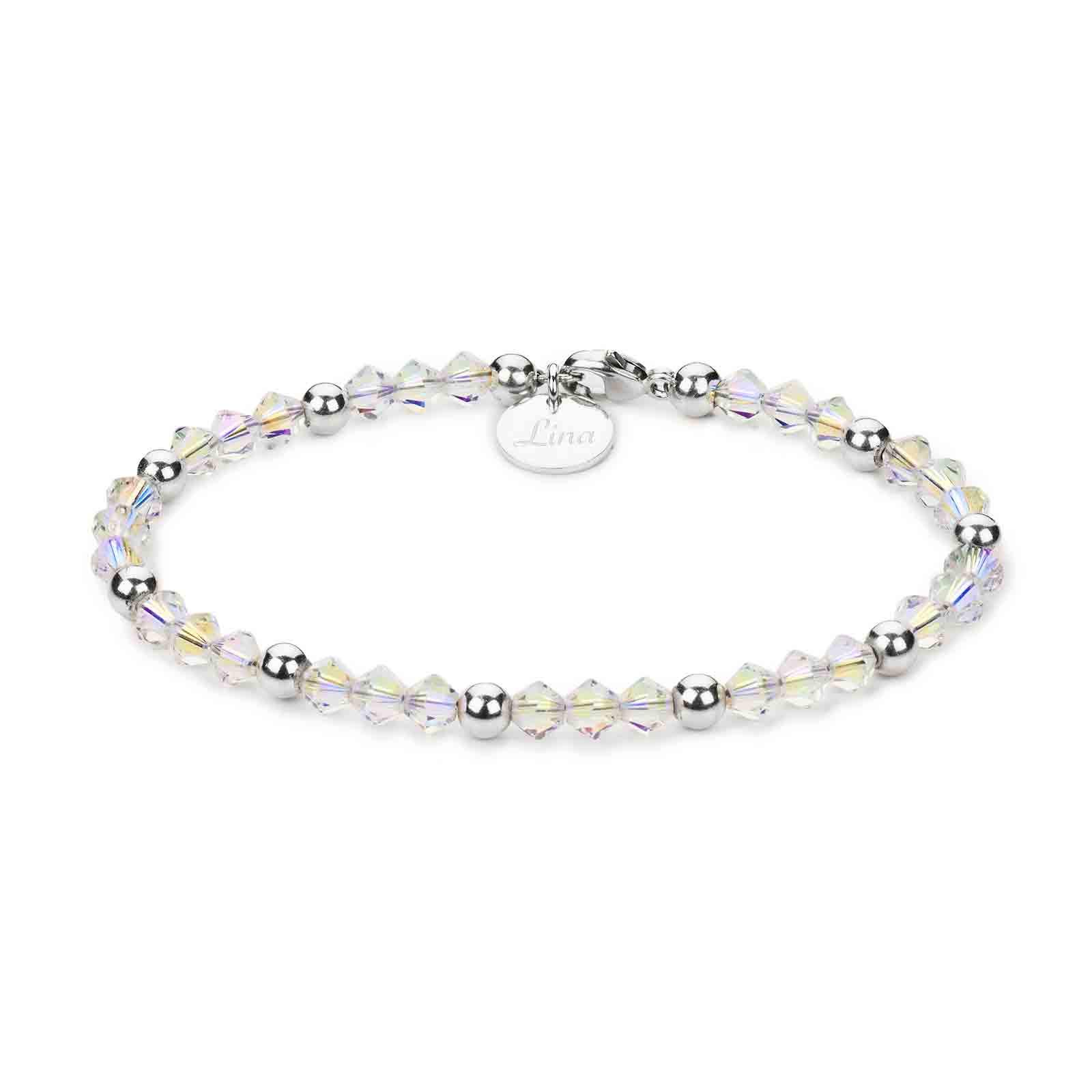 PEARL Armband mit Gravur 925er Sterling Silber schimmernde Perlen aus Kristallglas | Personalisierter Schmuck | Geschenke für Frauen zum Geburtstag Jahrestag Muttertag
