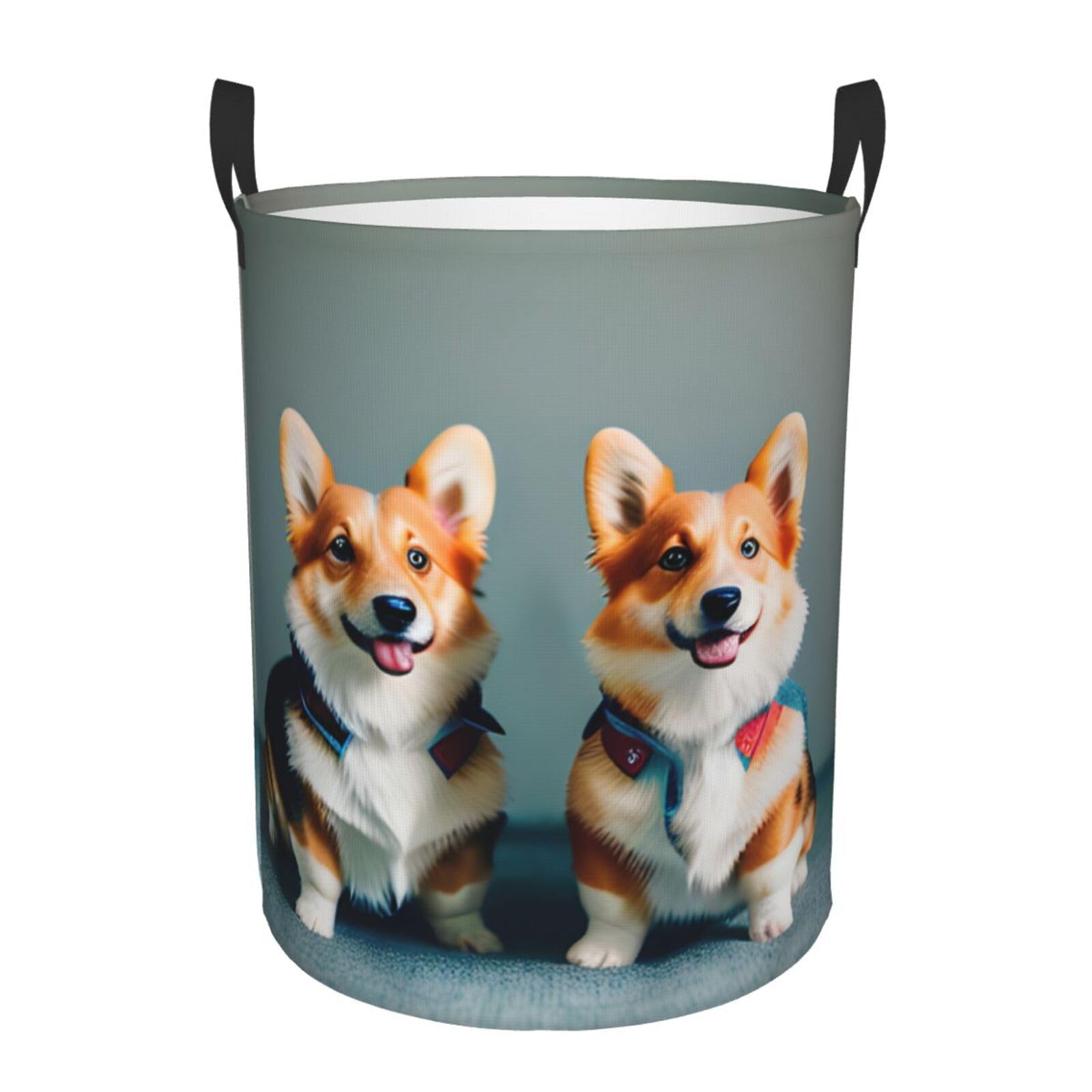 S Collapsible Laundry Hamper Round Wearing Clothes Cute Corgi Dogs Print Storage