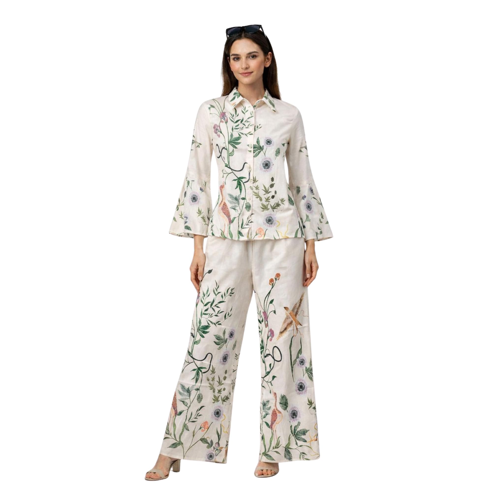 Women's Cotton Blend Collared Smart Casual Co-Ord Set with Palazzo Pants | Beige | XL-image-34