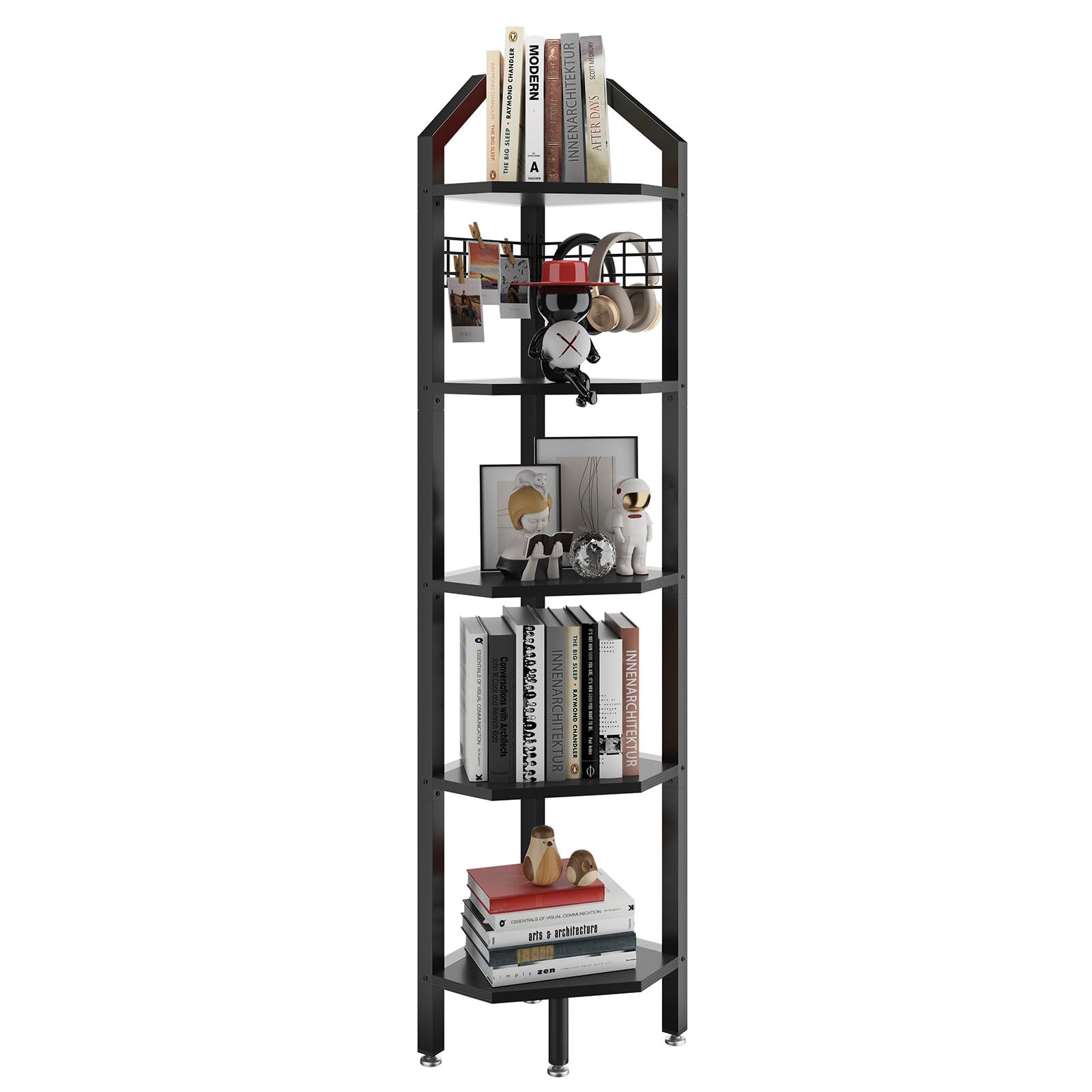 YMYNY 5 Tier Corner Shelf, Height 176CM Storage Shelf Unit Multi-Purpose Bookshelf Plant Stand, for Living Room, Bathroom, Kitchen, Bedroom, Office, Style Industrial Black HBR006B