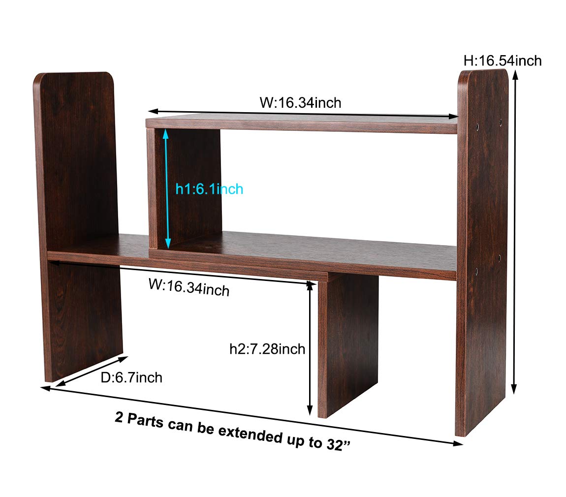 PAG Desktop Kleines Regal Einstellbare Holz Bücherregal Klein,Schreibtisch Organizer und Zubehör Display Rack, Für Büro, Schule und Zuhause,Retro Braun