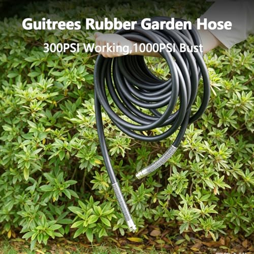 Image of Guitrees 2026 Upgraded Garden Hose 100FT x 3 /4 inch, Heavy Duty Rubber Water Hose with Five Layered Braiding, Swivel male and female Nickel-plated Brass Fittings, 1200PSI Burst, 300PSI Working (Black)