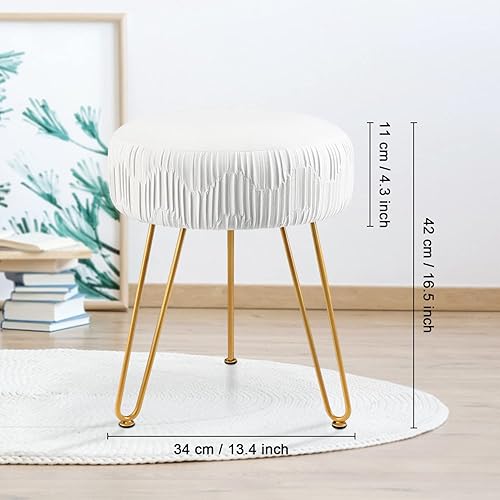 Miniatura 2 de TOUCH-RICH Silla de tocador de terciopelo a rayas, otomana redonda, reposapiés tapizado, mesa auxiliar con patas de metal dorado (blanco,