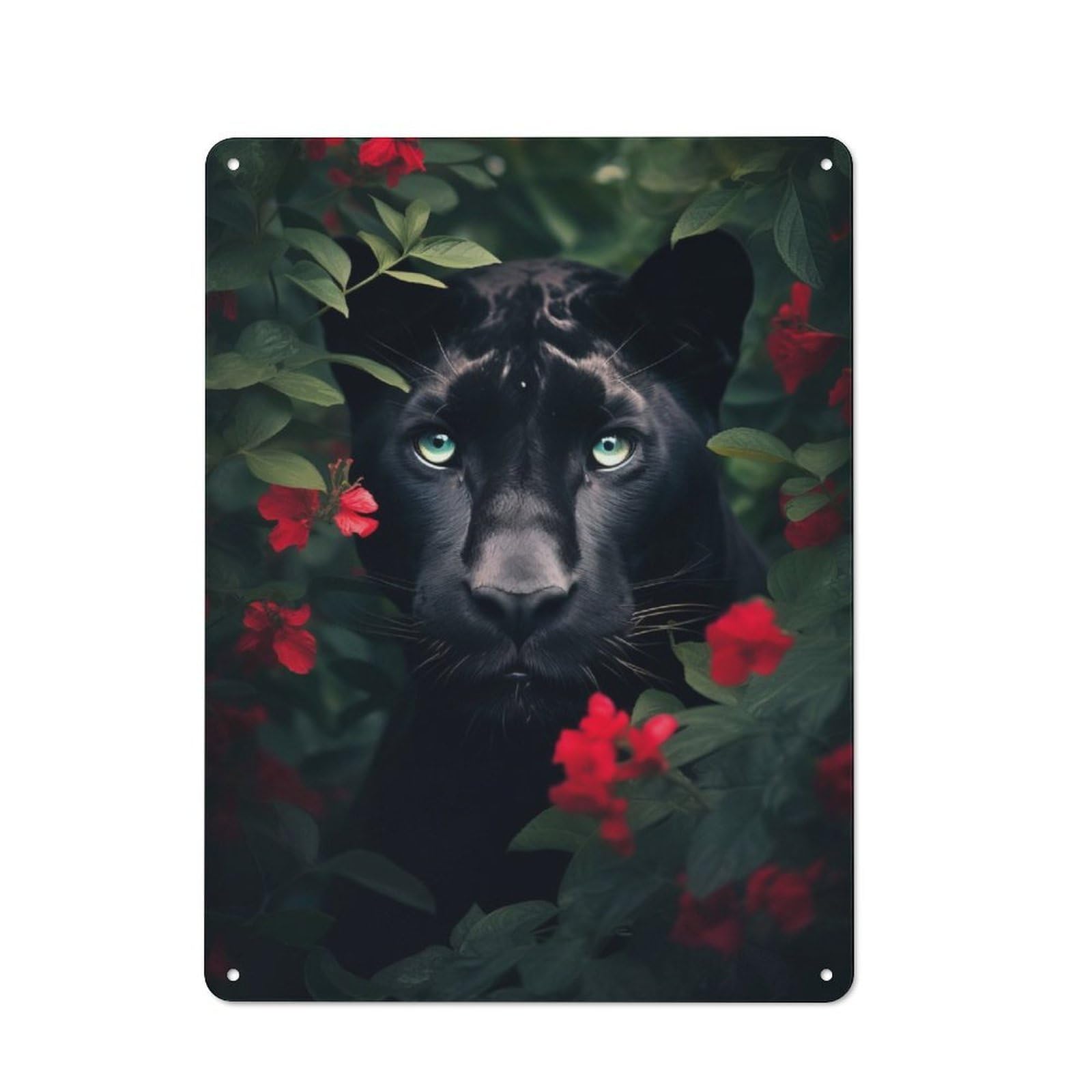 Junmoney Black Panther Red Flowers For Garden Room Or Summerhouse, Rustic Tin Sign 40X30cm, Wall Decor For Garden Rooms And Summerhouses